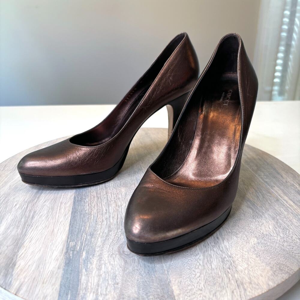 Authentic Gucci Metallic Bronze Brown Leather Platform Heels Pumps US Size 8.5 B